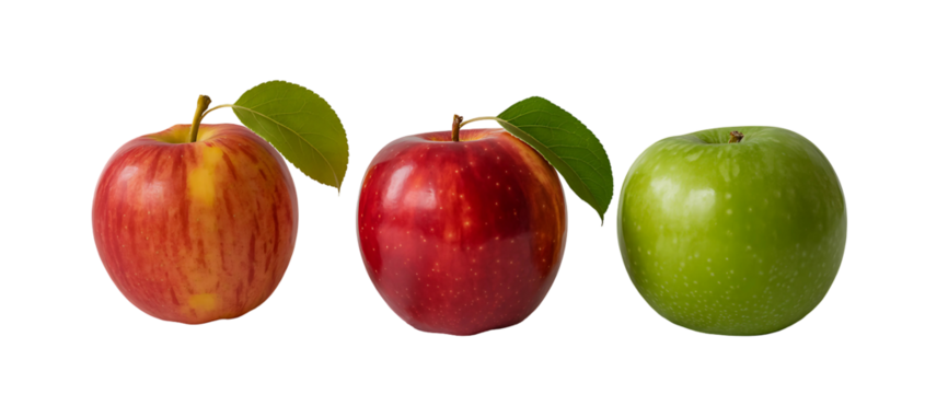 Three apples, two red and one green, with leaves isolated on transparent background