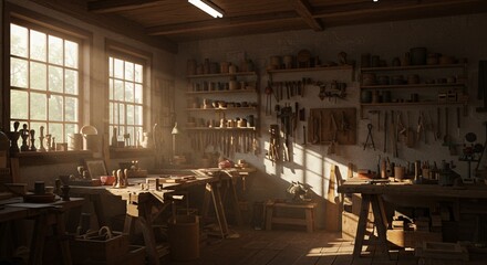 Traditional woodworking workshop with vintage tools bathed in warm morning sunlight
