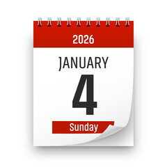 Date 4 January 2026 year realistic calendar day page design. January 4 transparent png
