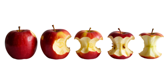 Progression of an apple being eaten, isolated on transparent background