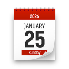 Date 25 January 2026 year realistic calendar day page design. January 25 transparent png