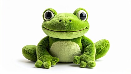Obraz premium Plush frog toy with soft green fabric stitched smile round button eyes stuffed body and lightweight cuddly design made for children isolated on white background 