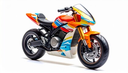 Obraz premium Plastic toy racing motorcycle with detailed body bright painted graphics movable wheels and lightweight safe design fun miniature kids vehicle isolated on white background 