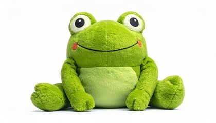 Plush frog toy with soft green fabric stitched smile round button eyes stuffed body and lightweight cuddly design made for children isolated on white background
