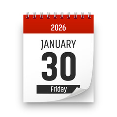 Date 30 January 2026 year realistic calendar day page design. January 30 transparent png