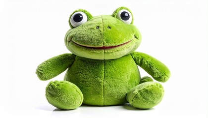 Plush frog toy with soft green fabric stitched smile round button eyes stuffed body and lightweight cuddly design made for children isolated on white background
