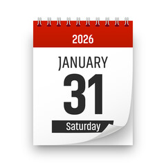Date 31 January 2026 year realistic calendar day page design. January 31 transparent png