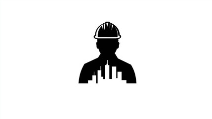Construction Worker with City Skyline Icon for Architecture, Engineering and Urban Themes
