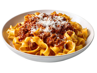 Classic Tagliatelle al Rag&ugrave; alla Bolognese. Fresh pasta ribbons in a rich, slow-cooked meat sauce, topped with grated Parmesan. Isolated dish.