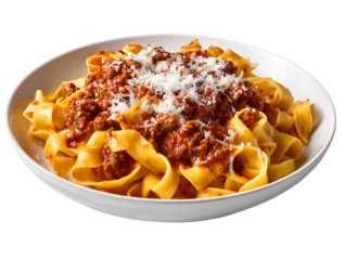 Classic Tagliatelle al Ragù alla Bolognese. Fresh pasta ribbons in a rich, slow-cooked meat sauce, topped with grated Parmesan. Isolated dish.