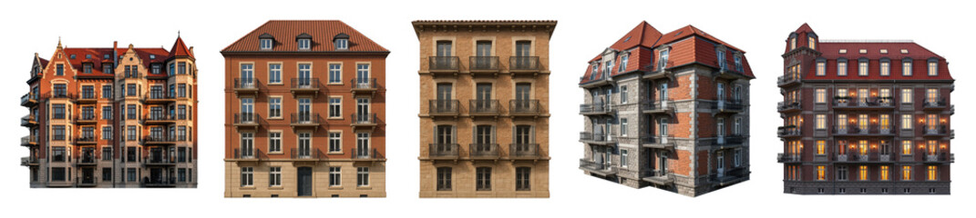Fototapeta premium Historical European apartment buildings set including varied facades and detailed architecture isolated. Urban design and city scene elements.