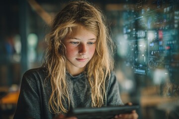 A focused young girl with freckles interacts with a digital screen displaying advanced technology, while holding a digital tablet in her hands with a concentrated gaze.