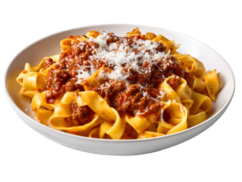 Classic Tagliatelle al Ragù alla Bolognese. Fresh pasta ribbons in a rich, slow-cooked meat sauce, topped with grated Parmesan. Isolated dish.