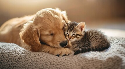 loyal. Golden retriever puppy nuzzling tabby kitten, capturing heartwarming animal friendship. wildlife magazines, conservation campaigns, designed for nature documentaries and education.