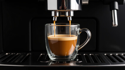 Freshly brewed espresso flows into clear glass cup, showcasing rich crema and warm, inviting color. coffee machine adds touch of elegance