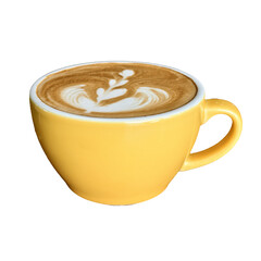 Golden Latte Delight: A meticulously crafted latte is showcased in a cheerful yellow ceramic cup, with exquisite latte art adorning the creamy surface, a delightful coffee indulgence.