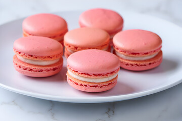 Delicious pink macarons sweet pastry dessert on a white plate delicious confectionery treat