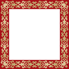 Vector gold with red square Kazakh national ornament. Ethnic pattern of the peoples of the Great Steppe,
