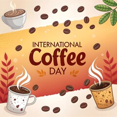 National Coffee Day illustration with rich typography, steaming cup motifs, and warm inviting elements.  
