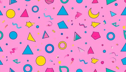 A vibrant, geometric pattern design showcases a playful array of shapes in bright, colorful hues against a soft pink backdrop.