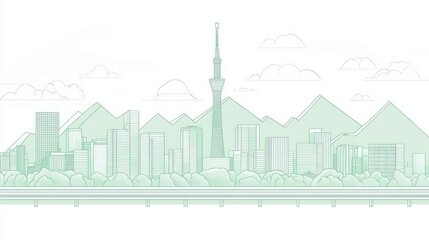 Obraz premium City skyline outline light green illustration