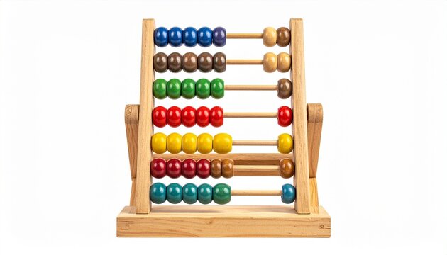 Wooden abacus toy with multiple colorful beads sturdy wooden frame classic learning tool for teaching counting and math skills to children isolated on white background
