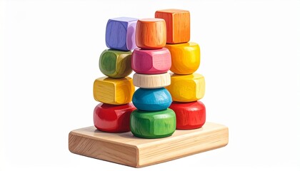 Wooden stacking tower toy with multiple colorful blocks sturdy base smooth finish classic educational game designed for toddler learning balance and coordination isolated on white background
