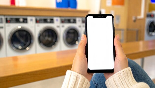 Person holding a smartphone with a blank screen while waiting in a laundromat