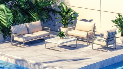 Outdoor patio furniture set with sofa chairs and table near pool area
