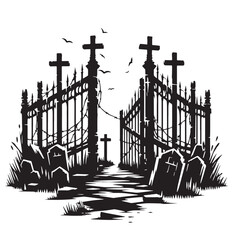 Black Broken Fence Graveyard Silhouette Vector Illustration design, Solid White Background