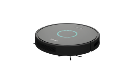 Modern black robot vacuum cleaner isolated on transparent background, showcasing its sleek design and advanced technology for automated home cleaning tasks