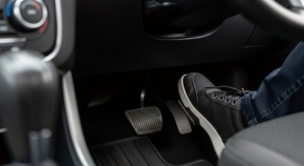 Man foot on brake pedal while driving car. Driver pushing the brake in emergency situation. Road safety and traffic control theme.