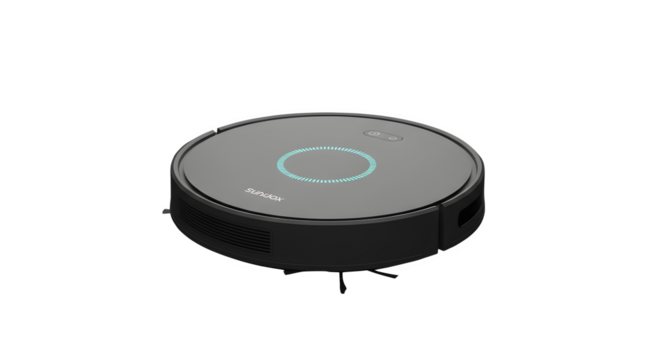 Modern black robot vacuum cleaner isolated on transparent background, showcasing its sleek design and advanced technology for automated home cleaning tasks