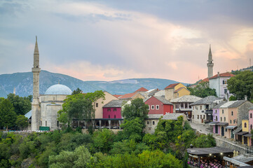 Morning tranquility washes over Mostar’s historic landscape at sunrise in Bosnia and Herzegovina