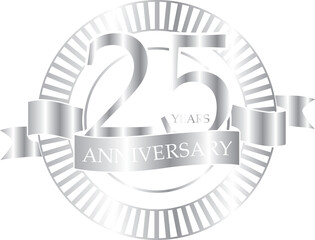 25th anniversary emblem in gradient silver color. 25 years icon isolated on a transparent background