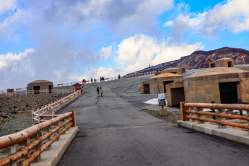 Mount Aso's Crater Entrance and Emergency Shelters