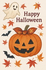 ハロウィンイラスト 秋の紅葉と笑顔のかぼちゃ