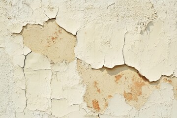 A weathered, light beige plaster wall exhibits extensive cracking and peeling paint.