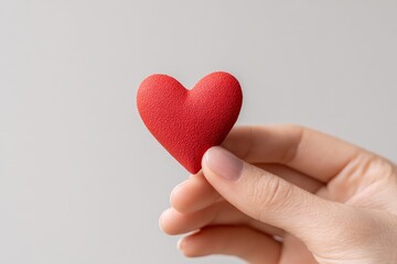 Fototapeta premium A small, textured, red heart shape is gently held by a light-skinned hand against a neutral backdrop.