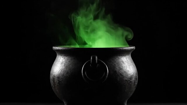 Mysterious cauldron bubbling with bright green magic in the dark, a Halloween vibe