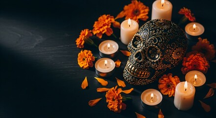Decorative Day of the Dead skull with orange marigold flowers and lit candles on dark textured background, festive theme