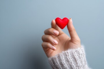 Fototapeta premium A small, red heart is delicately held in a hand wearing a light beige knitted sweater against a soft, muted blue backdrop.