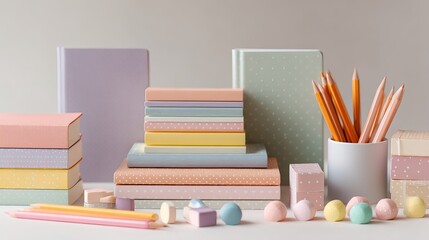Pastel stationery collection for creative projects and back to school promotion in soft, calming colors for product display