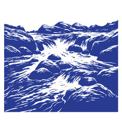 Stylized blue and white artwork of a rushing waterfall in a mountainous landscape