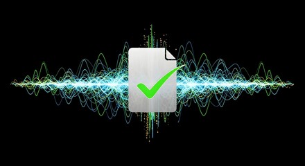 Digital document with a green checkmark surrounded by glowing sound waves on a black background, representing successful audio verification