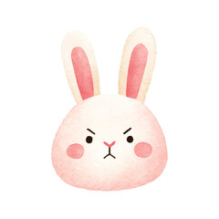 Cute Watercolor Grumpy Bunny Rabbit Face Easter Animal Illustration.