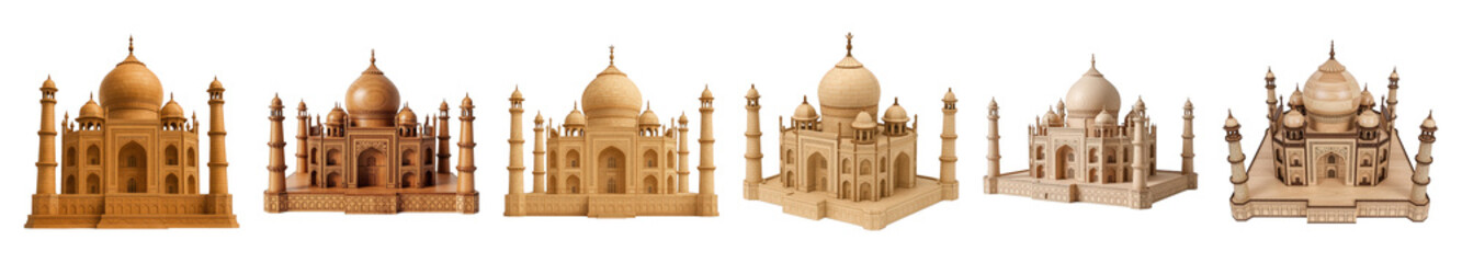 Obraz premium Taj Mahal model set including various wooden and stone-like finishes isolated. Indian historical architecture collection.