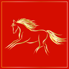 Lunar New Year Mascot Horse Portrait.  Calendar Mascot Animal Art. Gold Horse Outline Ink Silhouette Sketch Drawn. Hand Crafted China Zodiac Sign Contour. Greeting Gift Card Decoration Design.