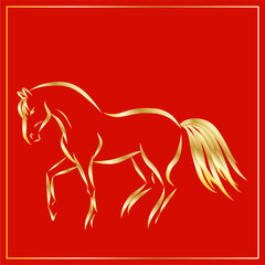Lunar New Year Mascot Horse Portrait.  Calendar Mascot Animal Art. Gold Horse Outline Ink Silhouette Sketch Drawn. Hand Crafted China Zodiac Sign Contour. Greeting Gift Card Decoration Design.