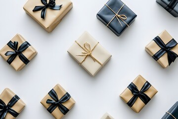 gift boxes luxury presents with elegant wrapping and satin ribbons for festive celebration using golden paper black bows and white packages